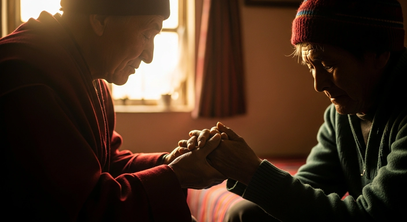 An elderly spiritual leader, symbolizing Pope Leo XIV, gently holds the hand of a frail, suffering person in a softly lit room, representing the theme of compassionate care for the World Day of the Sick 2026 in Chiclayo, Peru.