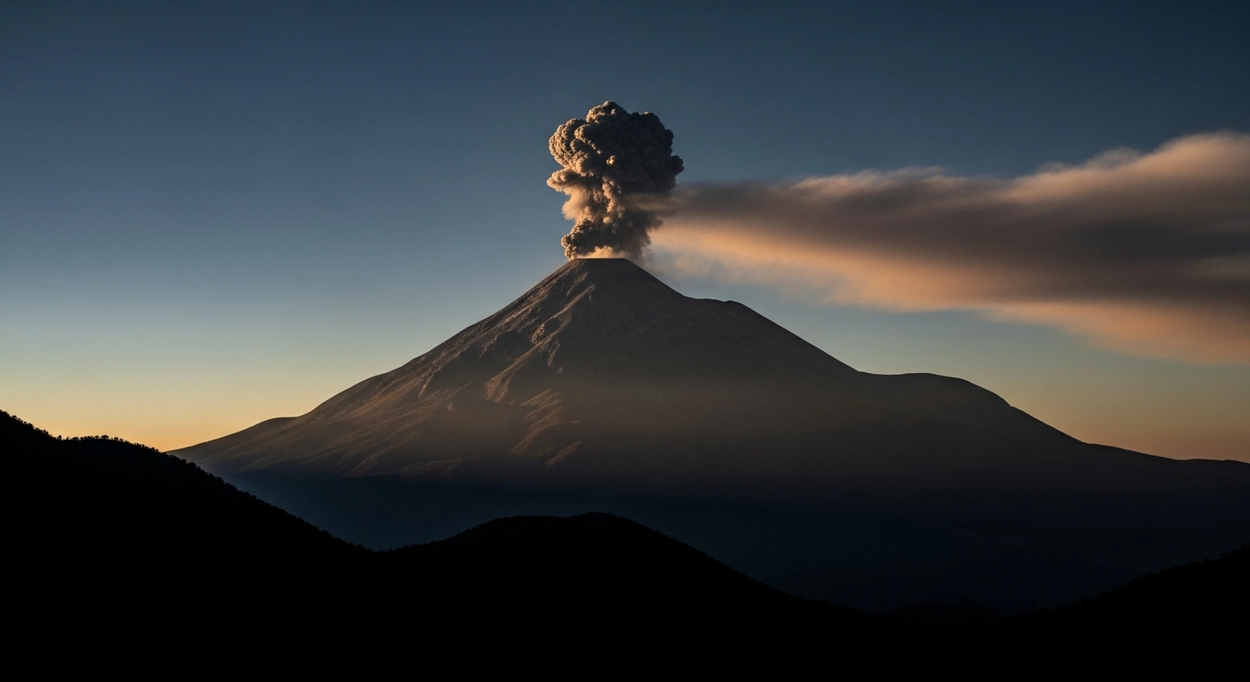 The Popocatépetl volcano in Mexico emits a large plume of steam and ash into the sky during a period of heightened volcanic activity.