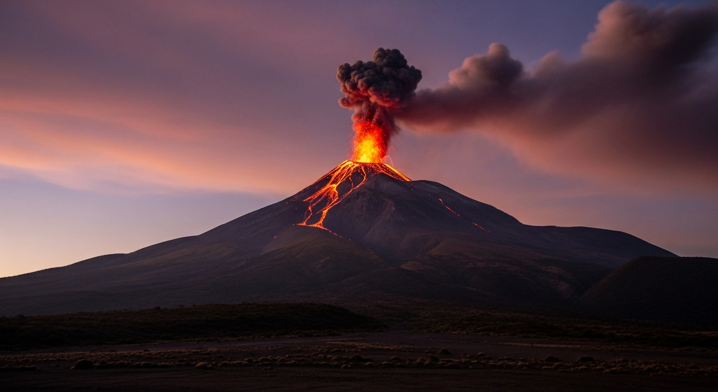 A wide, dramatic shot of Mexico's Popocatépetl volcano erupting at twilight, with a fiery plume of ash and incandescent gas rising from its peak, illustrating the ongoing 'Yellow Alert - Phase 2' and the enforced 12-kilometer exclusion zone.