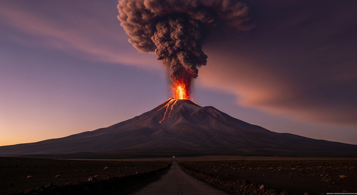 A wide, cinematic shot of Mexico's Popocatépetl volcano at dawn, showing a large plume of ash and steam rising from its glowing crater, with a desolate road in the foreground hinting at the 12-kilometer exclusion zone, reflecting the Yellow Phase 2 alert level and recent exhalations.