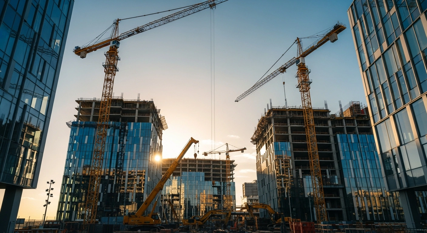 A large-scale construction site with multiple cranes represents the growing project backlog of the Austrian construction group Porr in 2026.