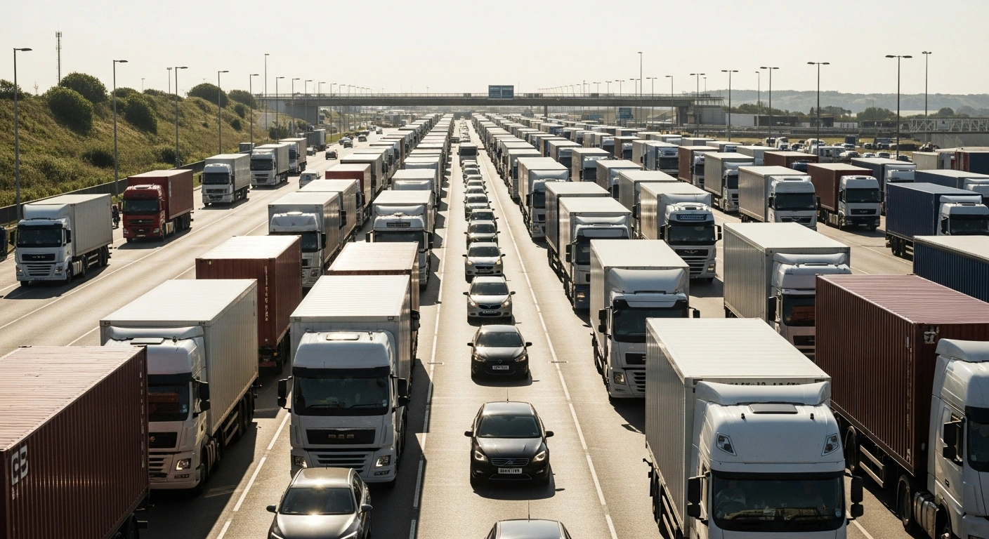 A long line of trucks and cars moves through the Port of Dover as border officials manage traffic congestion during a busy holiday travel period.