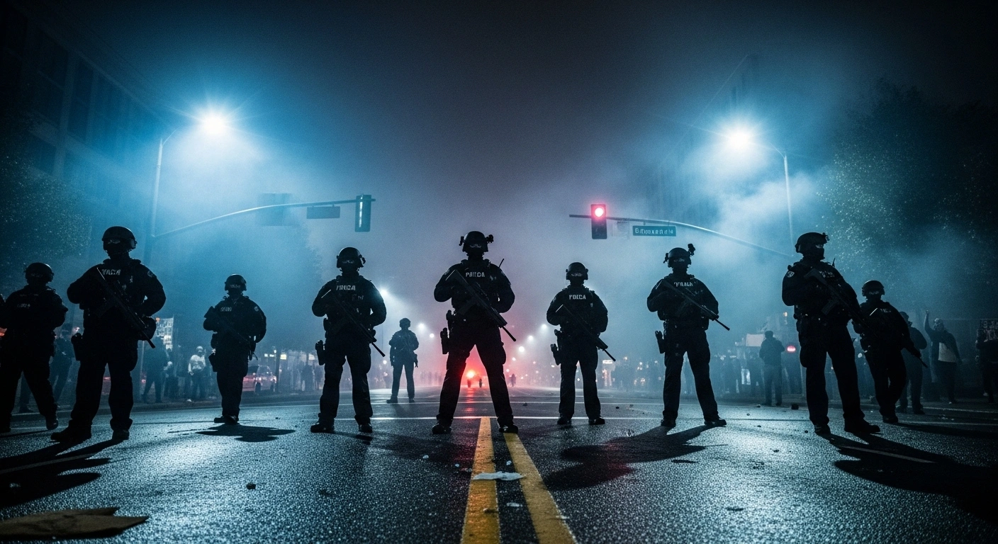A dramatic, low-angle photograph depicts federal law enforcement agents in full tactical gear, silhouetted against a smoky, blue-lit street during protests in Portland, Oregon, symbolizing the controversial deployment ordered by President Donald Trump in July 2020 to protect federal property.