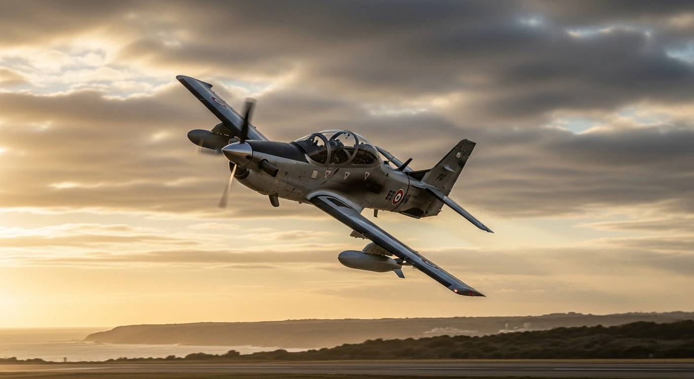A sleek A-29N Super Tucano light attack and training aircraft, delivered to Portugal by Embraer, banks sharply against a dramatic, cloud-streaked sky, symbolizing its new NATO-compliant capabilities for pilot training and close air support.