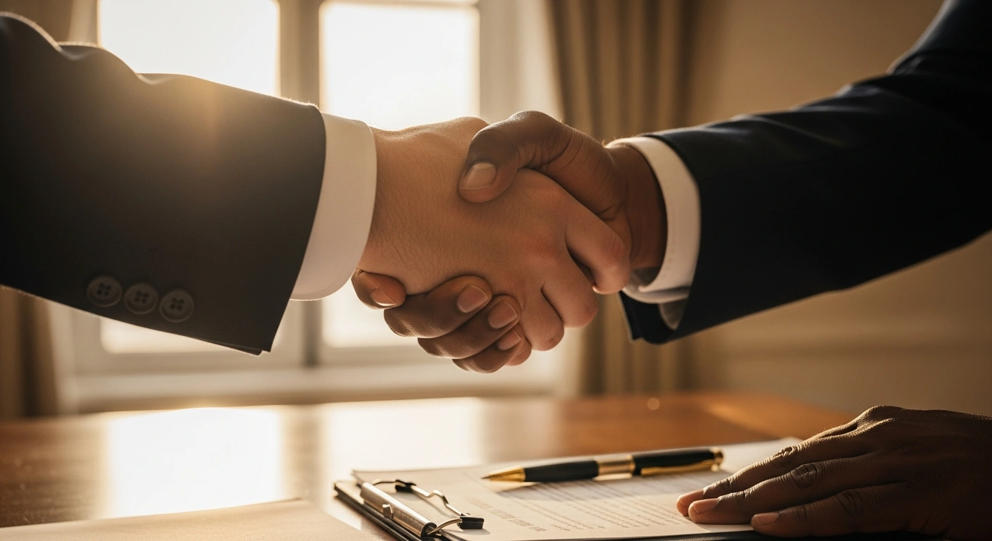 Two hands, one lighter and one darker, are clasped in a firm handshake over official documents, symbolizing the strategic partnership and economic collaboration between Portugal and Angola following the signing of cooperation instruments and an expanded credit line during Prime Minister Luís Montenegro's visit to Luanda for the AU-EU Summit.