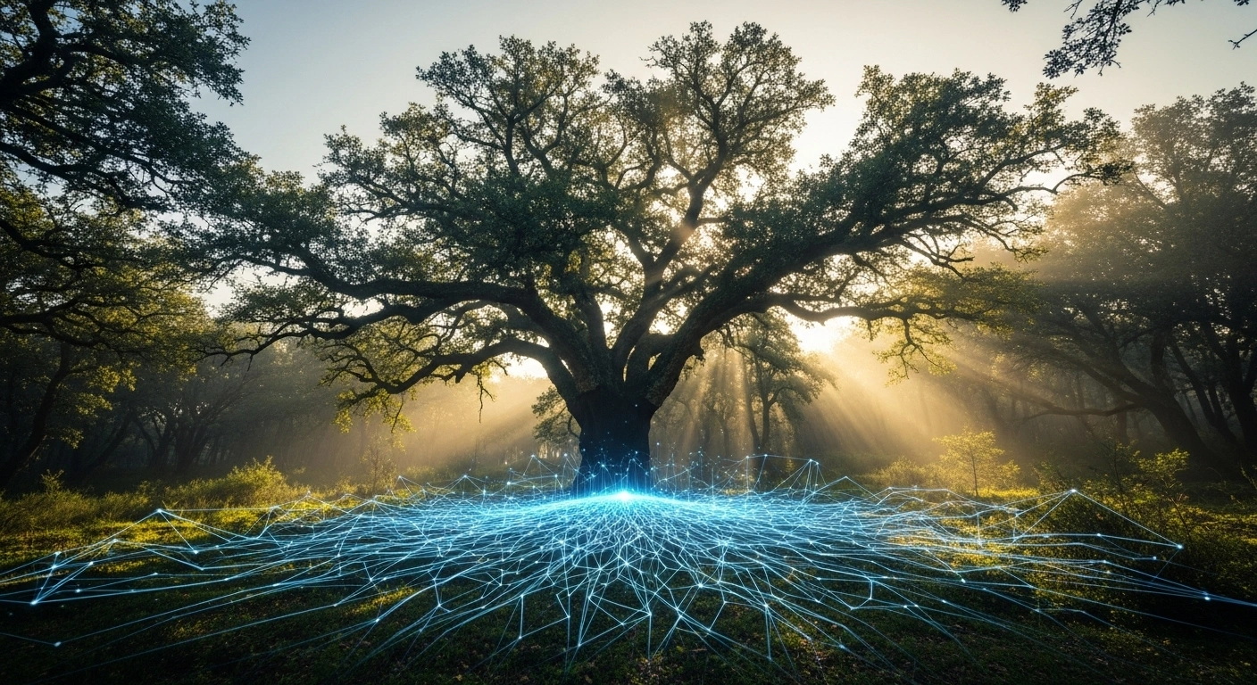 A low-angle shot of a majestic cork oak tree in a verdant Portuguese forest at dawn, with a subtle, ethereal blue holographic digital interface emanating from its base, symbolizing Portugal's new national voluntary carbon market and digital platform for carbon credit transactions, focused on forest carbon sinks and greenhouse gas emission reductions.