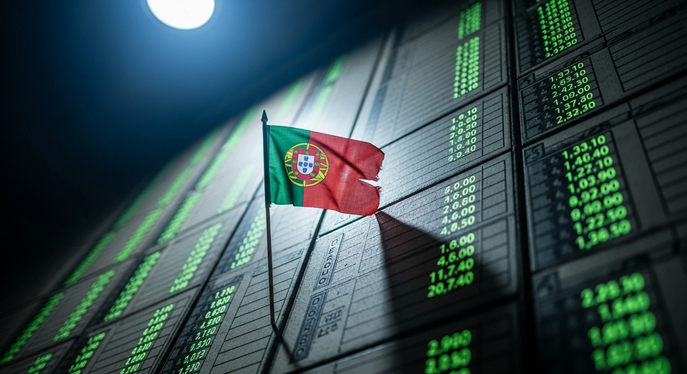 A weathered Portuguese flag is precariously balanced on the edge of a towering, ancient stone ledger filled with glowing financial figures, symbolizing Portugal's risk of violating new European Union expenditure control rules due to exceeding recommended limits for 2025 and 2026.