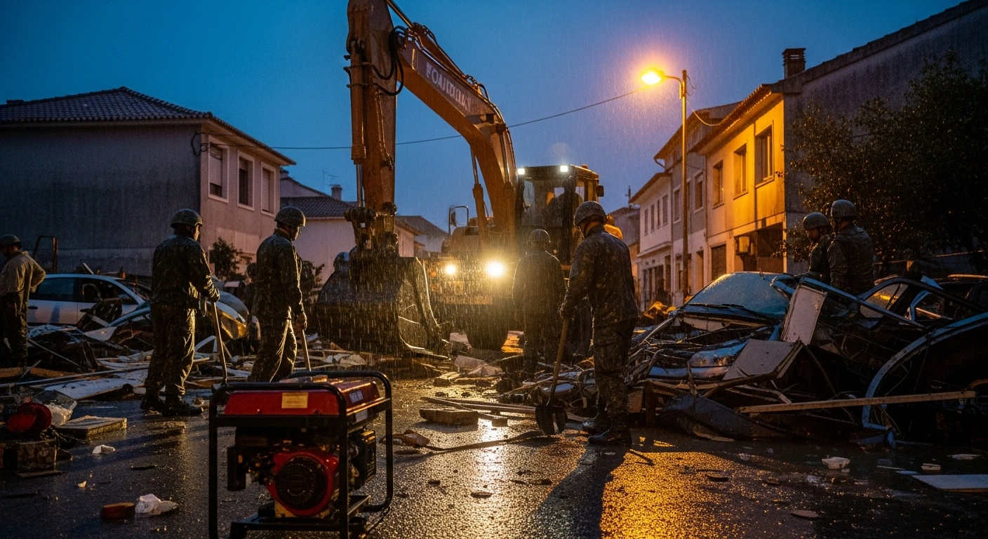 Portuguese Armed Forces personnel in rain gear are actively clearing flood debris from a storm-battered street at dusk, illuminated by emergency generator lights and vehicle headlights, with damaged buildings and partially submerged vehicles visible in the background, following severe floods in February 2026.