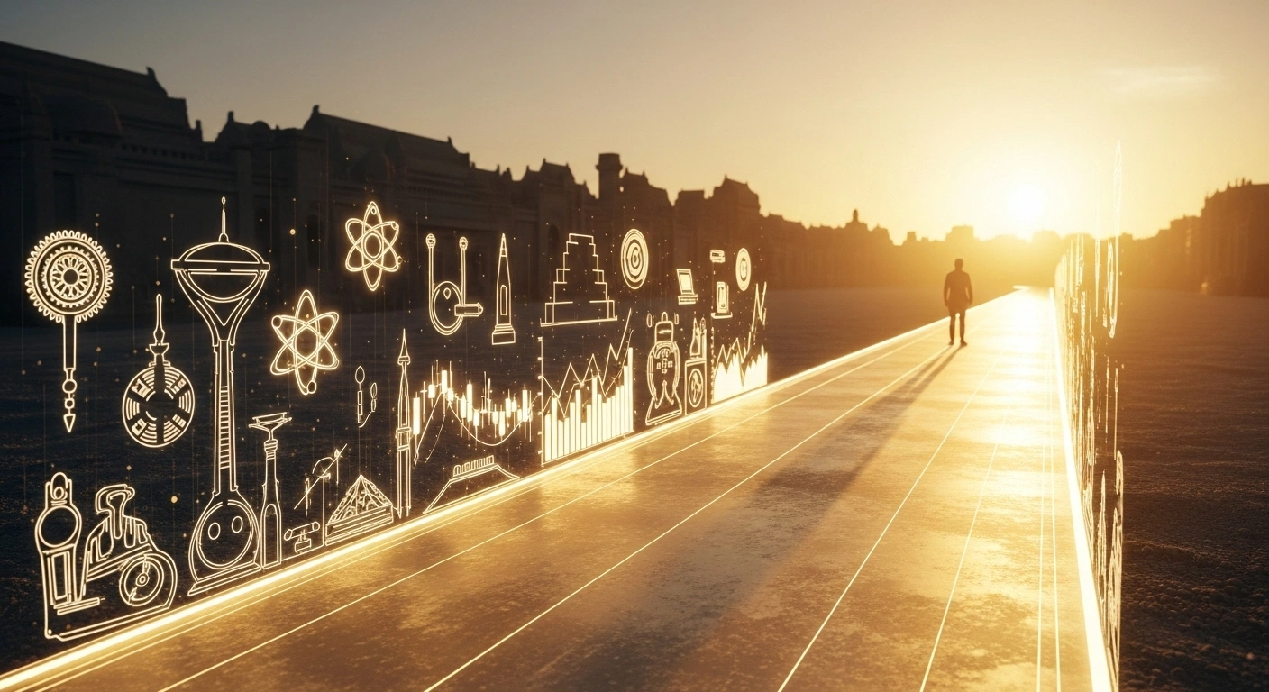 A golden pathway stretches towards a sun-drenched horizon, flanked by abstract glowing symbols representing cultural heritage, scientific research, and investment funds, illustrating Portugal's reformed Golden Visa program offering residency and a path to citizenship for non-EU nationals after October 2023.