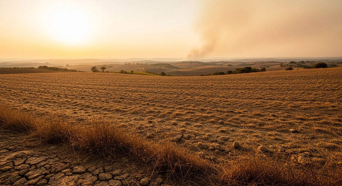 A parched, sun-scorched landscape in Portugal shows signs of extreme heat and a distant wildfire plume under a high-level weather alert.