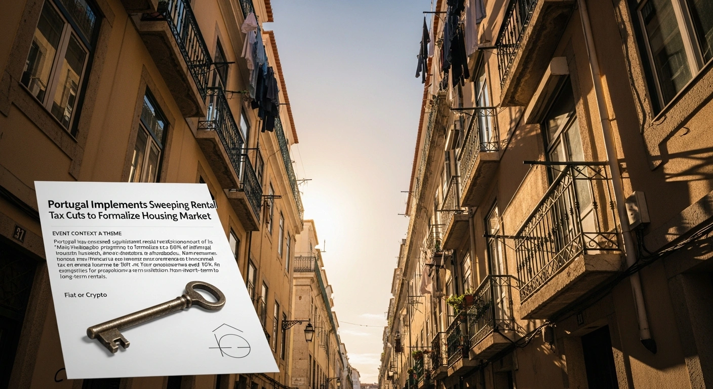 A sun-drenched, narrow cobblestone street in Lisbon with ornate balconies, featuring a modern legal document overlaid on an ancient key, symbolizing Portugal's 'Mais Habitação' program and its rental tax reductions aimed at formalizing housing leases and boosting affordability.