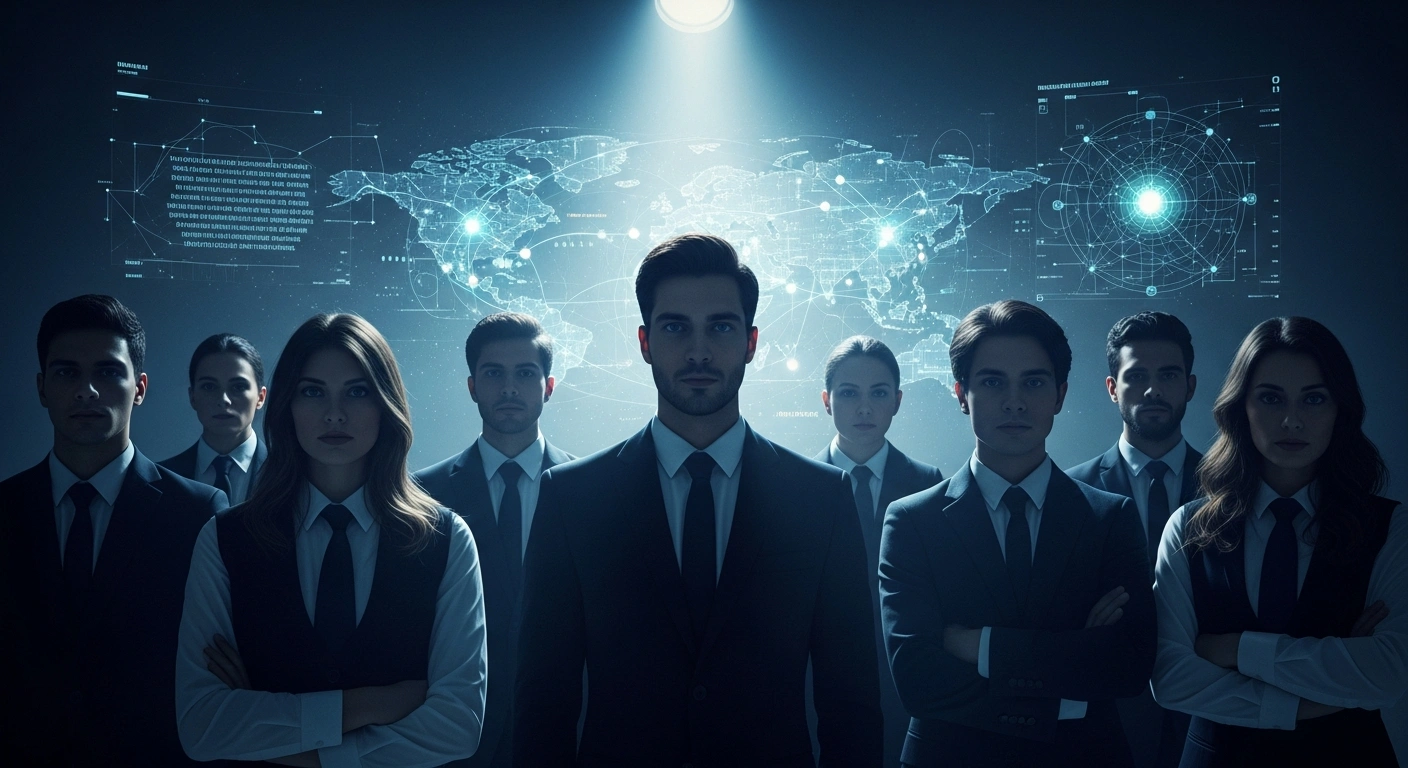 A diverse group of young intelligence recruits stands in a modern, high-tech facility, observing a holographic display that visualizes complex global security threats, symbolizing Portugal's intelligence service's first public recruitment campaign to modernize its workforce.