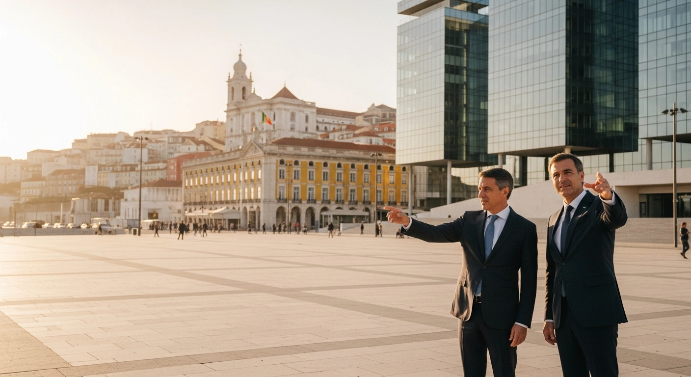 The Portuguese President and Prime Minister stand together in a sunlit Lisbon square to encourage the return of Portuguese emigrants to their home country.