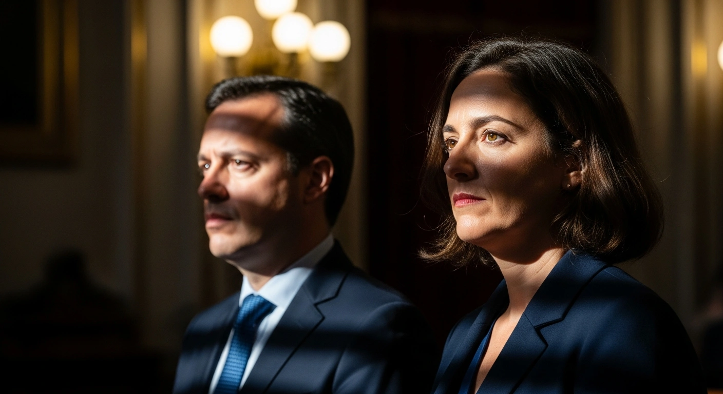 Two determined Portuguese political figures, representing the Left Bloc and Socialist party, stand united in a parliamentary hall, symbolizing their alliance against a far-right candidate in the upcoming presidential election runoff.