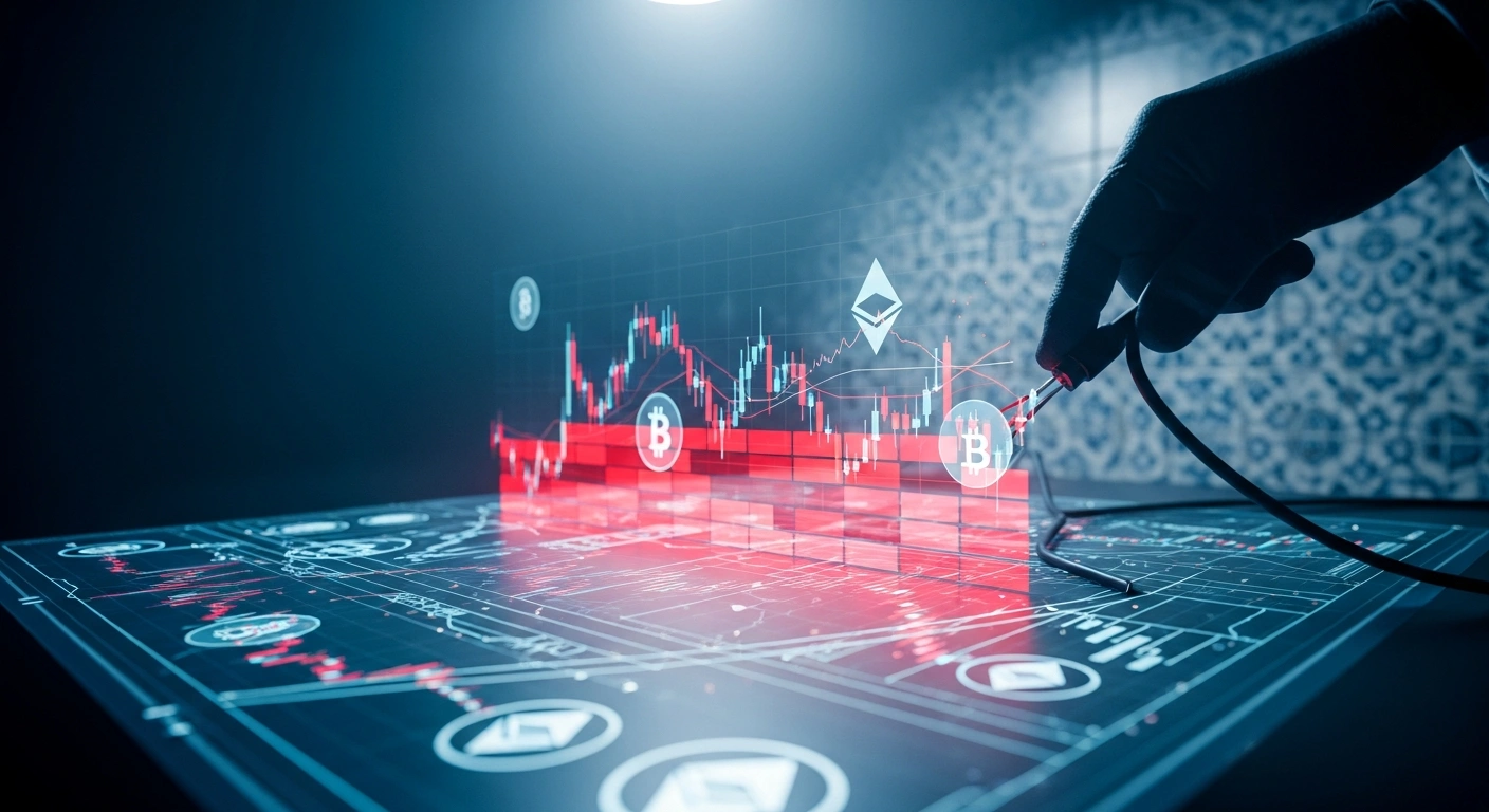 A digital screen displaying crypto financial graphs is being visually blocked by a red digital barrier, with a blurred background hinting at Portugal and a hand reaching to disconnect a cable, symbolizing the Portuguese gambling regulator SRIJ's order for Polymarket to cease operations due to licensing issues and political betting prohibitions.