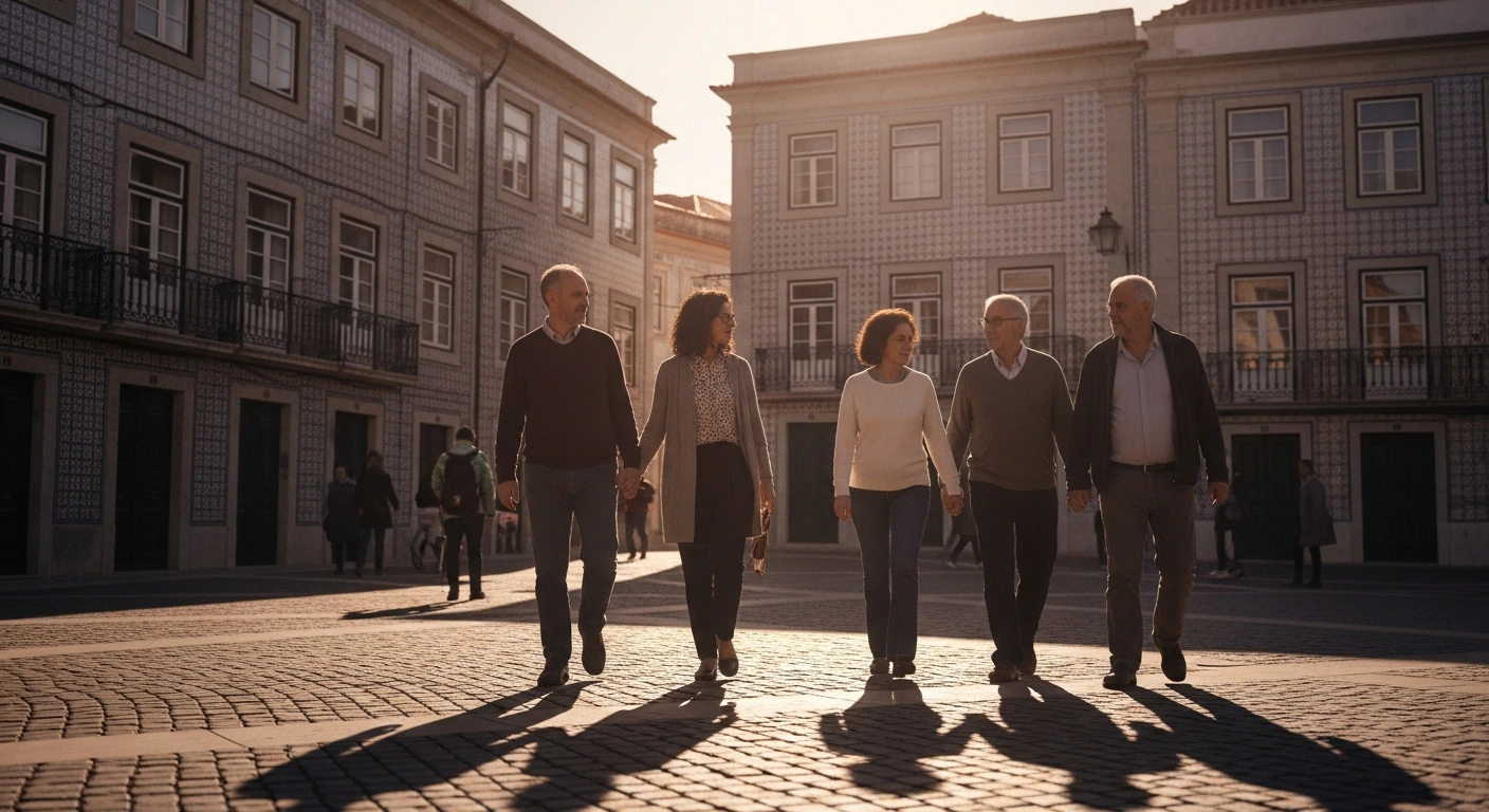 A diverse group of people walking through a sunny Portuguese town square, representing the decline in poverty and social exclusion in Portugal.