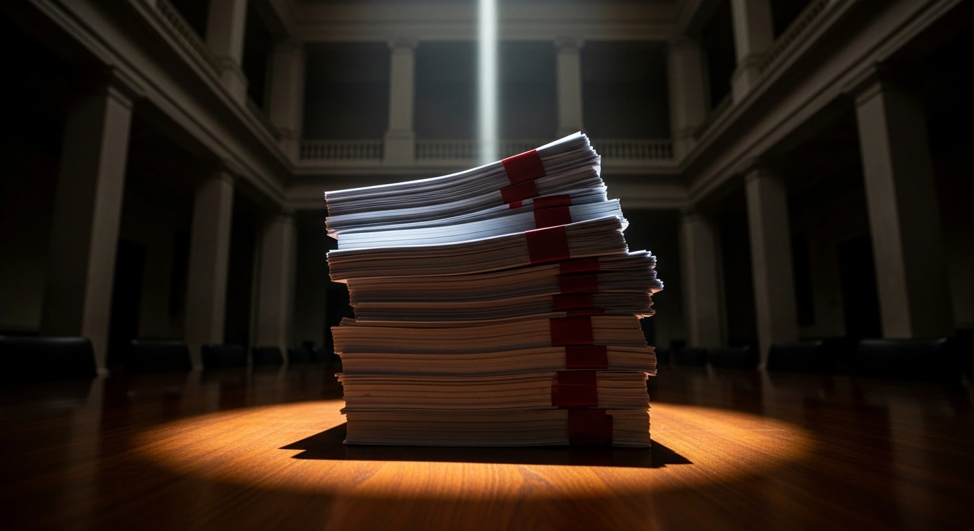 A dramatic, low-angle shot captures a towering stack of official documents, bound with red tape, on a polished mahogany table, illuminated by a single, piercing spotlight, symbolizing the irregularities in over 20 contracts under Portugal's Recovery and Resilience Plan (PRR) identified by the Court of Auditors for financial responsibility assessment and further investigation by the Public Prosecutor.