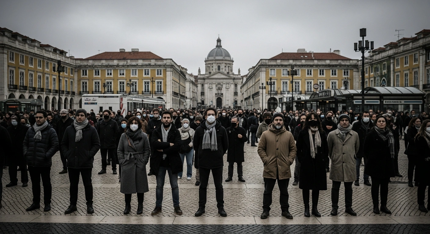 Public sector employees gather in a city square during a nationwide strike in Portugal to demand better wages and improved working conditions.