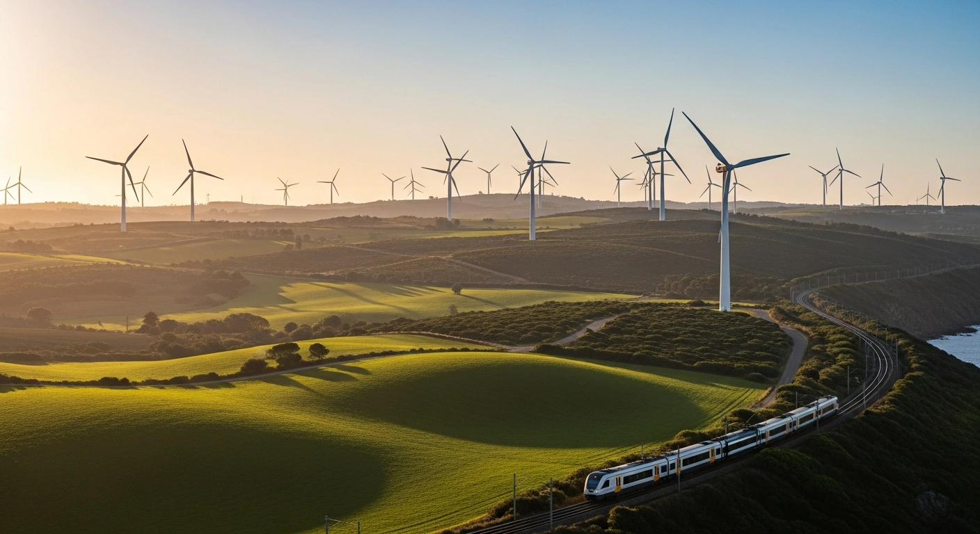 A modern wind farm stands in the Portuguese countryside as an electric train travels through the landscape, representing Portugal's progress in renewable energy and transport decarbonization.