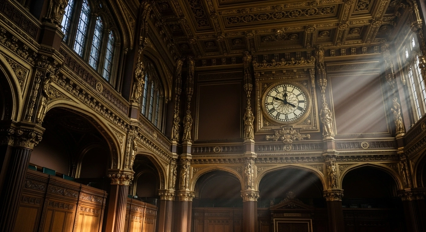 A dramatic, low-angle shot inside a grand parliamentary chamber, featuring a large antique clock with hands nearing a critical hour, symbolizing the final vote on Portugal's bill to extend residency requirements for citizenship.