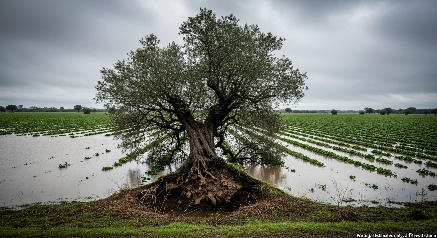A wide, low-angle shot shows a vast, waterlogged agricultural field in rural Portugal, with partially submerged crops and an uprooted olive tree under a bruised, overcast sky, depicting the extensive damage and flooding to the agricultural and forestry sectors caused by recent storms, estimated at €750 million in losses.