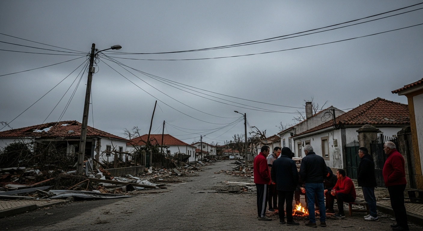 A wide, low-angle photograph shows a devastated Portuguese village street, six days after Storm Kristin, with splintered utility poles, tangled power lines, and damaged homes, as a small group of citizens huddles around a makeshift fire, illustrating the ongoing lack of electricity, water, and communications for tens of thousands in central and northern Portugal.