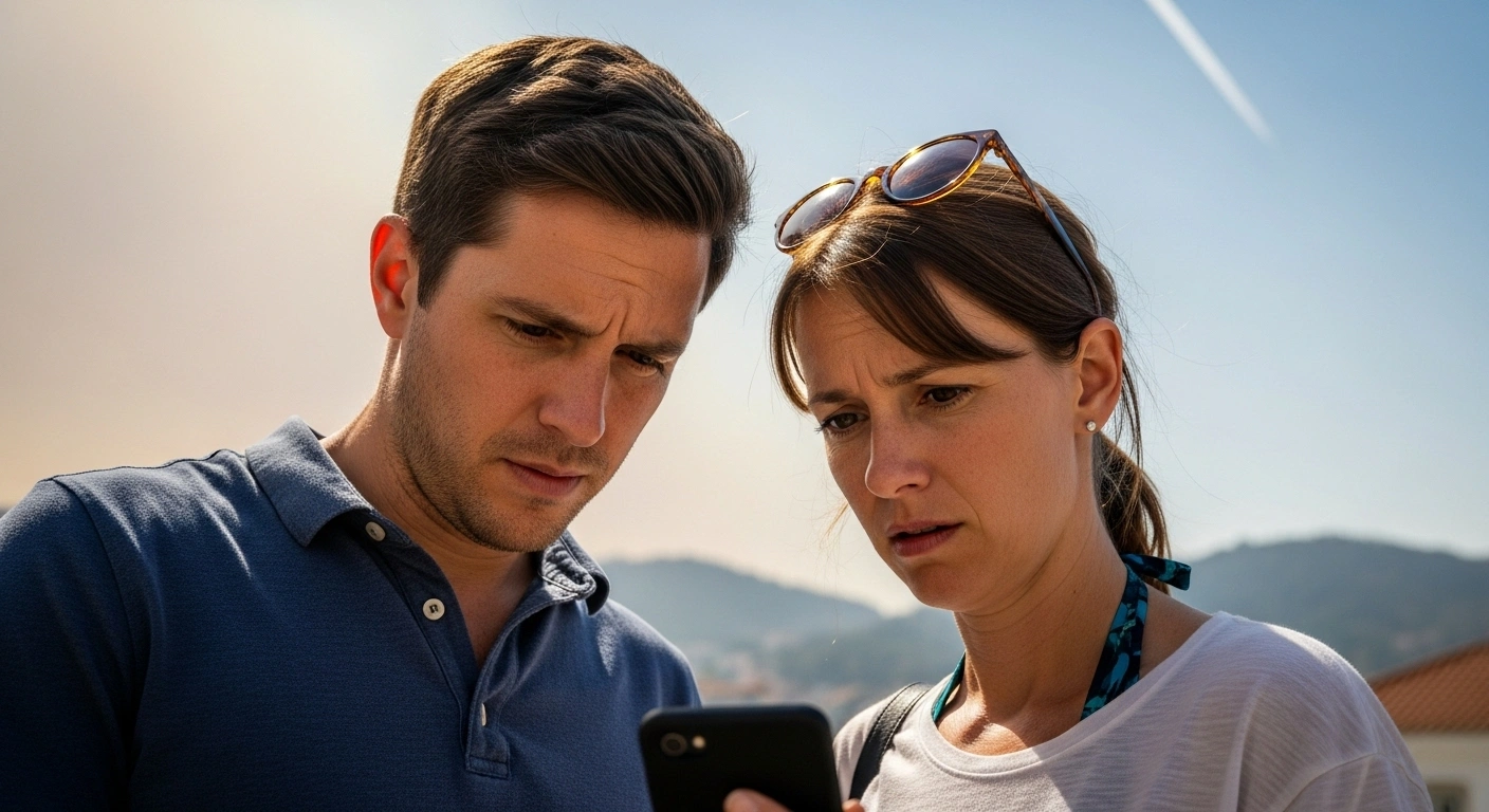 A concerned British tourist couple looks at a smartphone on a hazy Portuguese street, with distant hills and a faint contrail in the sky, symbolizing updated UK travel advice regarding wildfire risks and potential airport strikes in Portugal.