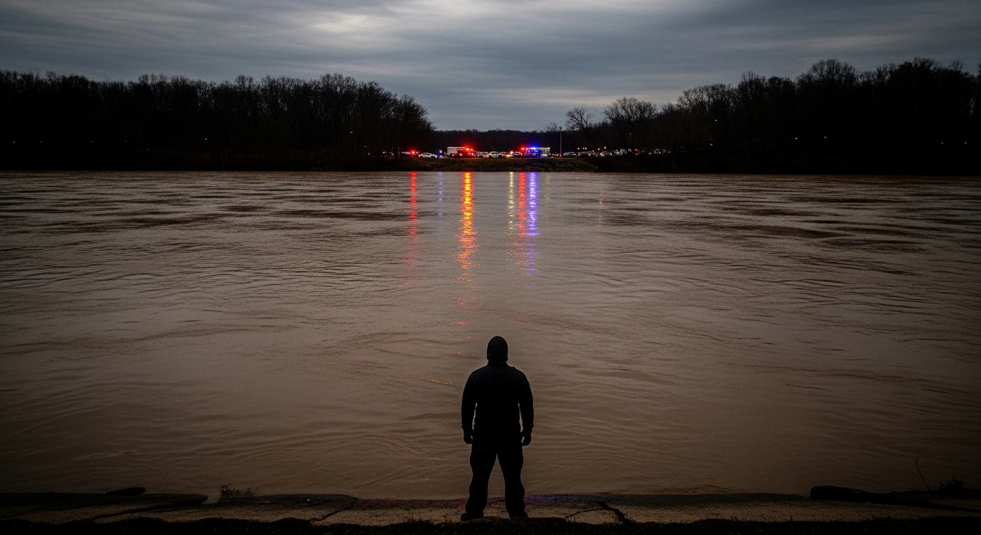 A wide cinematic shot at dusk shows the Potomac River's murky, brown surface, reflecting an overcast sky, with a silhouetted figure standing on the bank and distant emergency vehicle lights, representing the massive sewage spill and the federal response involving former President Donald Trump and FEMA.