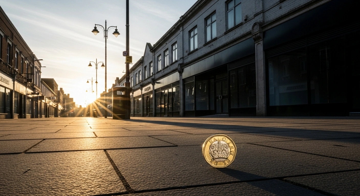 A wide, low-angle shot of a deserted high street at dawn, featuring a dark, empty former retail unit in the mid-ground and a single, polished £1 coin on the damp pavement in the foreground, symbolizing Poundland's significant restructuring, store closures, job eliminations, and refocus on its core £1 item proposition after a pre-tax loss.