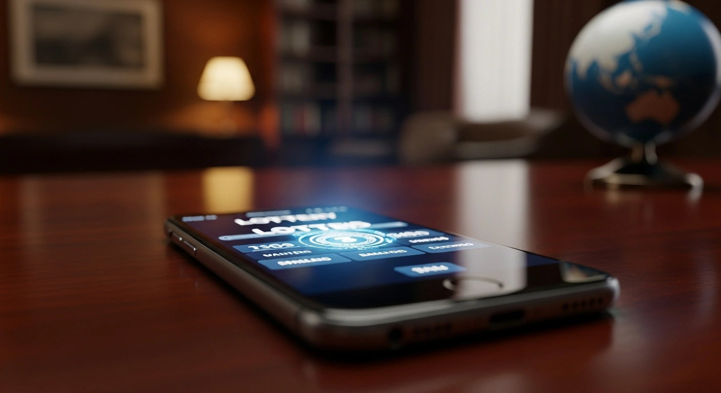 A smartphone displays a digital lottery interface on a desk, representing the distinction between official U.S. Powerball tickets and secondary betting services available in the United Kingdom.