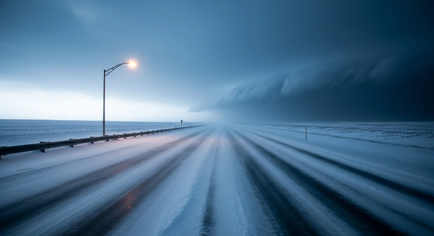 A powerful winter storm creates blizzard conditions and heavy snowfall on a hazardous highway in the United States.