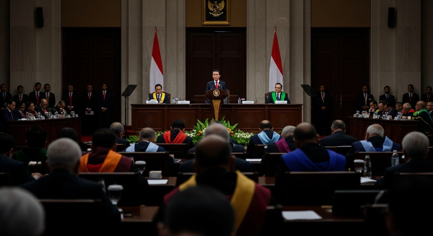 President Prabowo Subianto addresses a vast assembly of 1,200 academics, including professors, deans, and rectors, in a formal, grand hall at the Presidential Palace in Jakarta, during a closed-door dialogue focused on integrating social sciences and humanities into national policy and improving higher education quality.