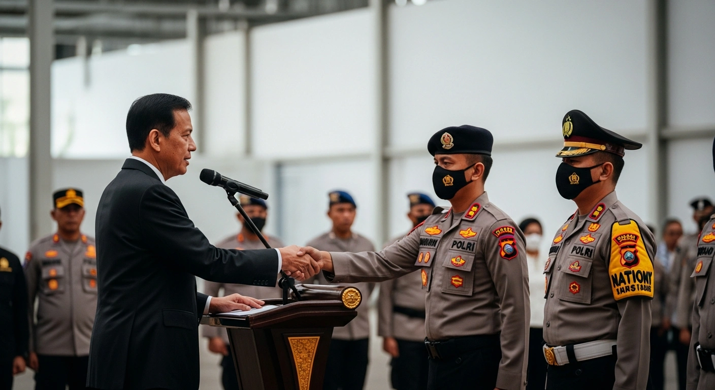 President Prabowo Subianto awards a state honor to a National Police officer during a ceremony, with a new food security warehouse visible in the background, recognizing crucial support for Indonesia's Free Nutritious Meals program.