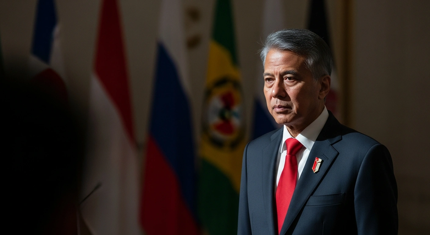 A medium shot of Indonesian President Prabowo Subianto, illuminated by soft light, with international flags blurred in the background, symbolizing Indonesia's commitment of 8,000 troops to the International Stabilization Force in Gaza for a multinational peacekeeping mission.