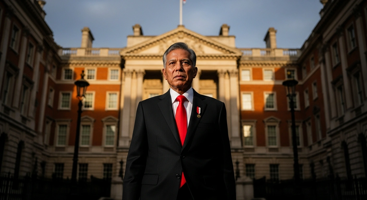 A photorealistic image shows Indonesian President Prabowo Subianto emerging from a grand, classical London government building, representing his diplomatic tour for bilateral talks in London and his upcoming address at the World Economic Forum in Davos.