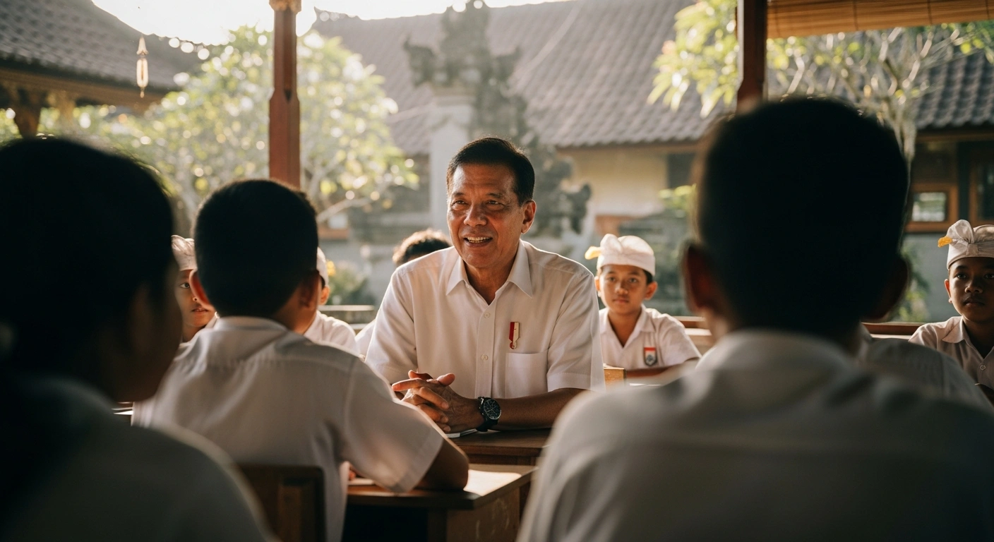 Indonesian President Prabowo Subianto visits a school in Bali to discuss education reform with students.