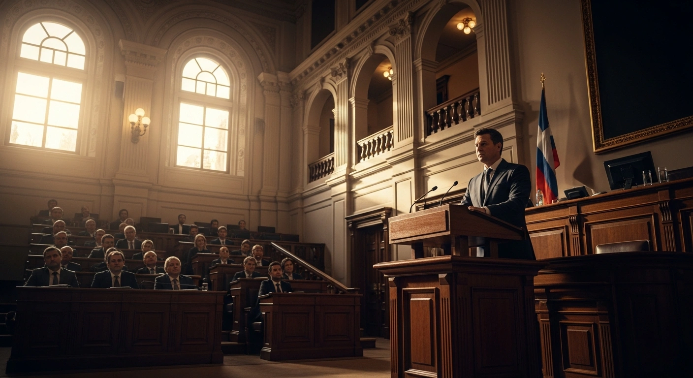 Indonesian President Prabowo Subianto stands at a podium in Parliament to present the 2027 national budget proposal.