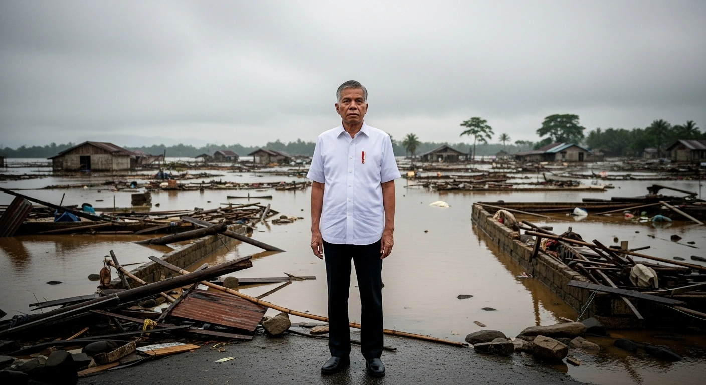 Indonesian President Prabowo Subianto stands amidst the devastation of a flood-ravaged Sumatran village, with submerged homes and debris visible, surveying the widespread destruction caused by Tropical Cyclone Senyar and heavy monsoon rains that displaced over a million people and claimed more than 700 lives, as he pledges to rebuild infrastructure and enhance climate change response.
