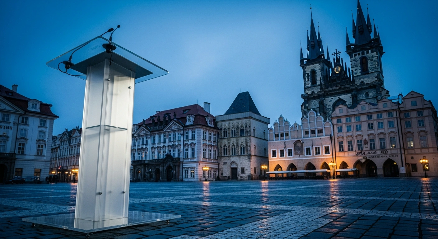 A modern glass podium stands in Prague's Old Town Square at dusk, representing the political debate over direct mayoral elections in the Czech Republic.