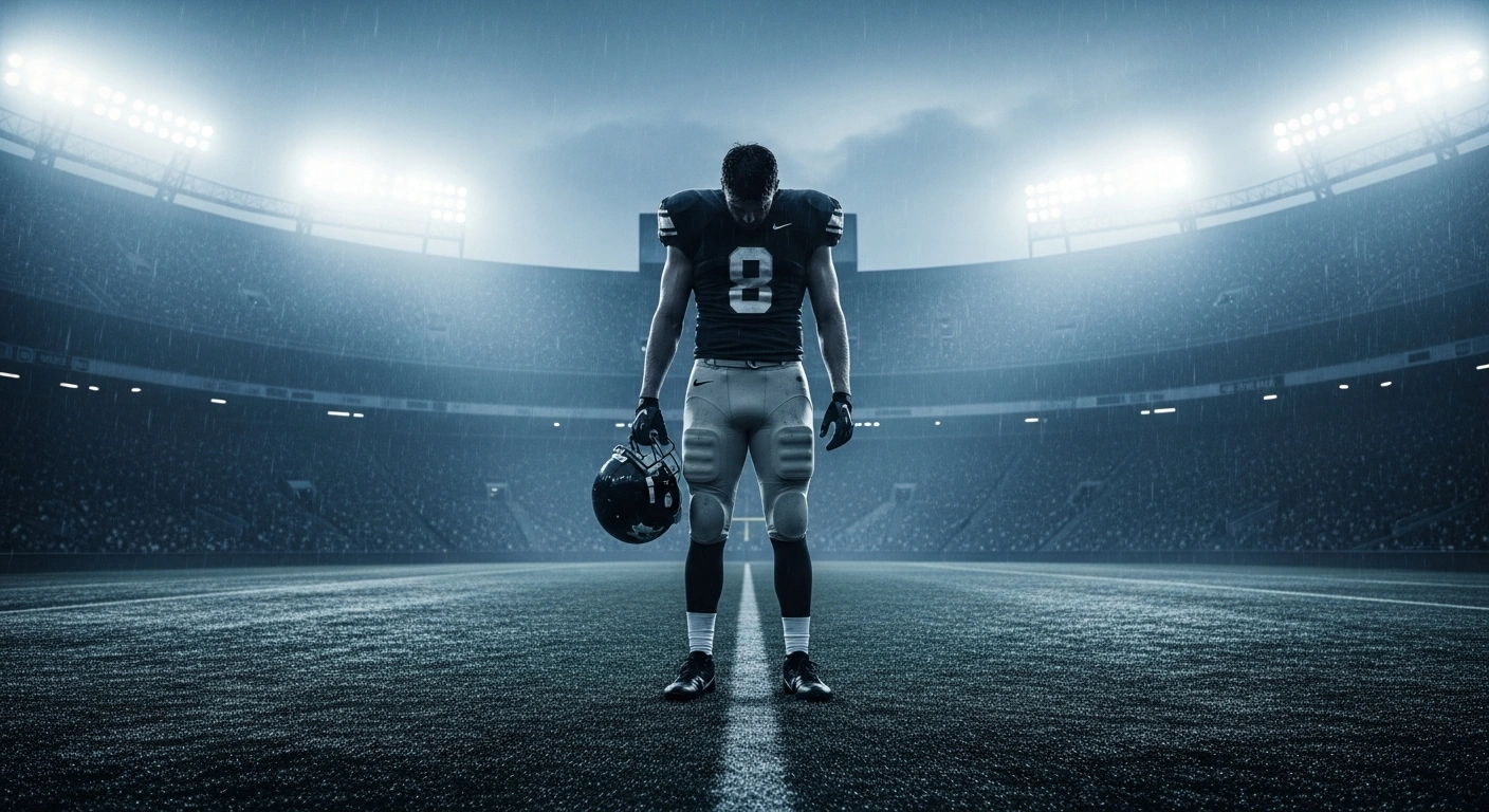 A dejected football player stands alone on a rain-soaked field after the Prague Lions are eliminated from the European League of Football playoffs.