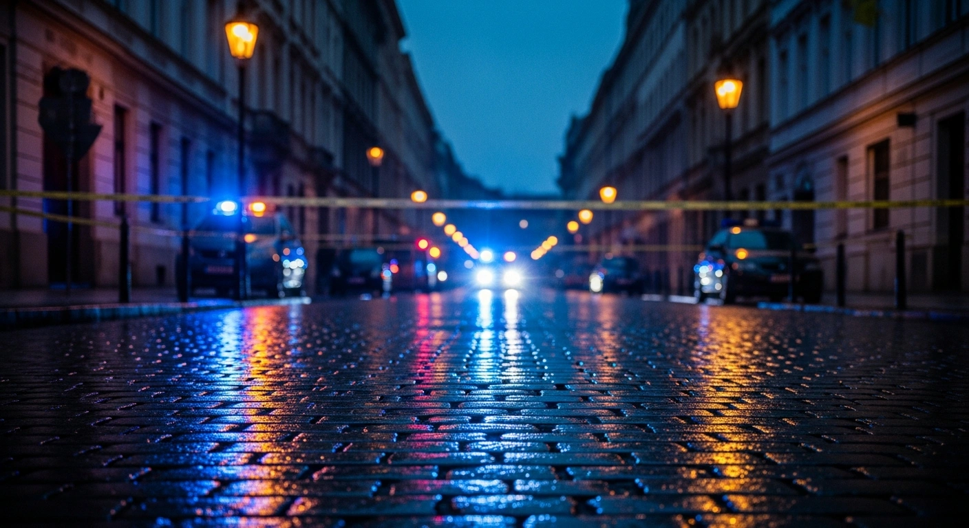 Police vehicles and emergency tape secure a crime scene in Prague 10 following a fatal shooting investigation.