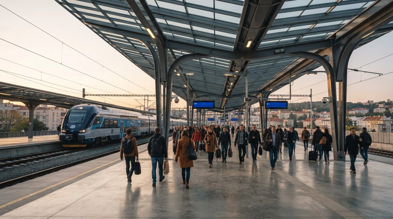Passengers walk along the newly reconstructed platforms at the modernized Prague Smíchov railway station in the Czech Republic.