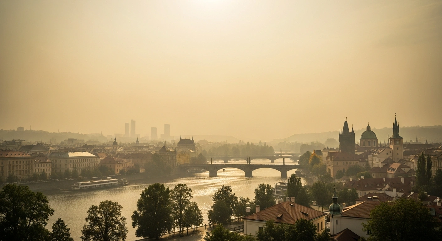 A hazy, smog-filled view of the Prague skyline under intense summer sunlight during a regional air quality alert.