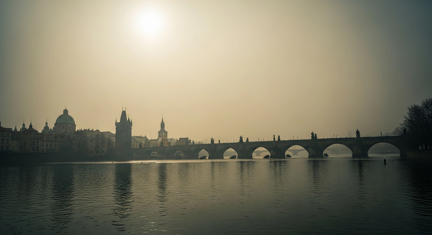 A hazy, smog-filled view of the Prague skyline during a high ozone concentration alert issued by the Czech Hydrometeorological Institute.