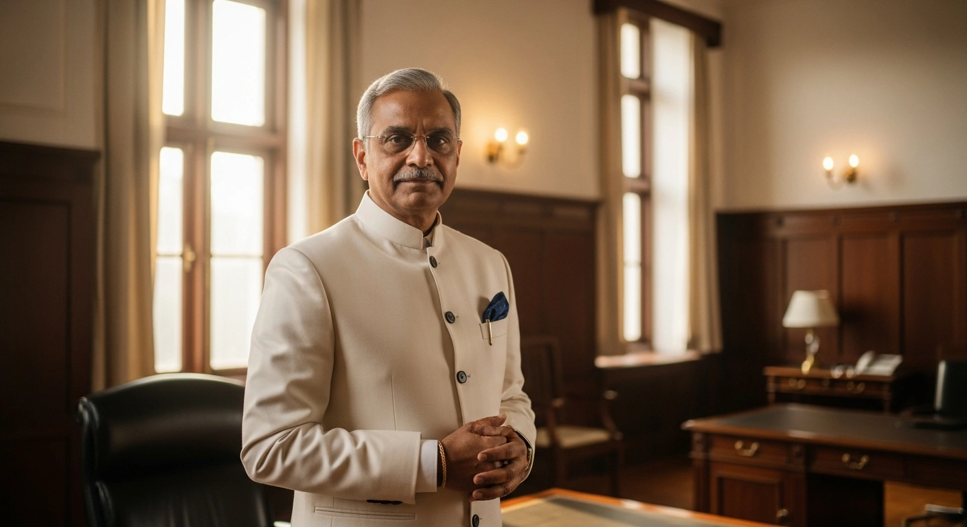 Pralhad Joshi stands in a formal office setting after officially taking charge as the Union Minister of Education in India.
