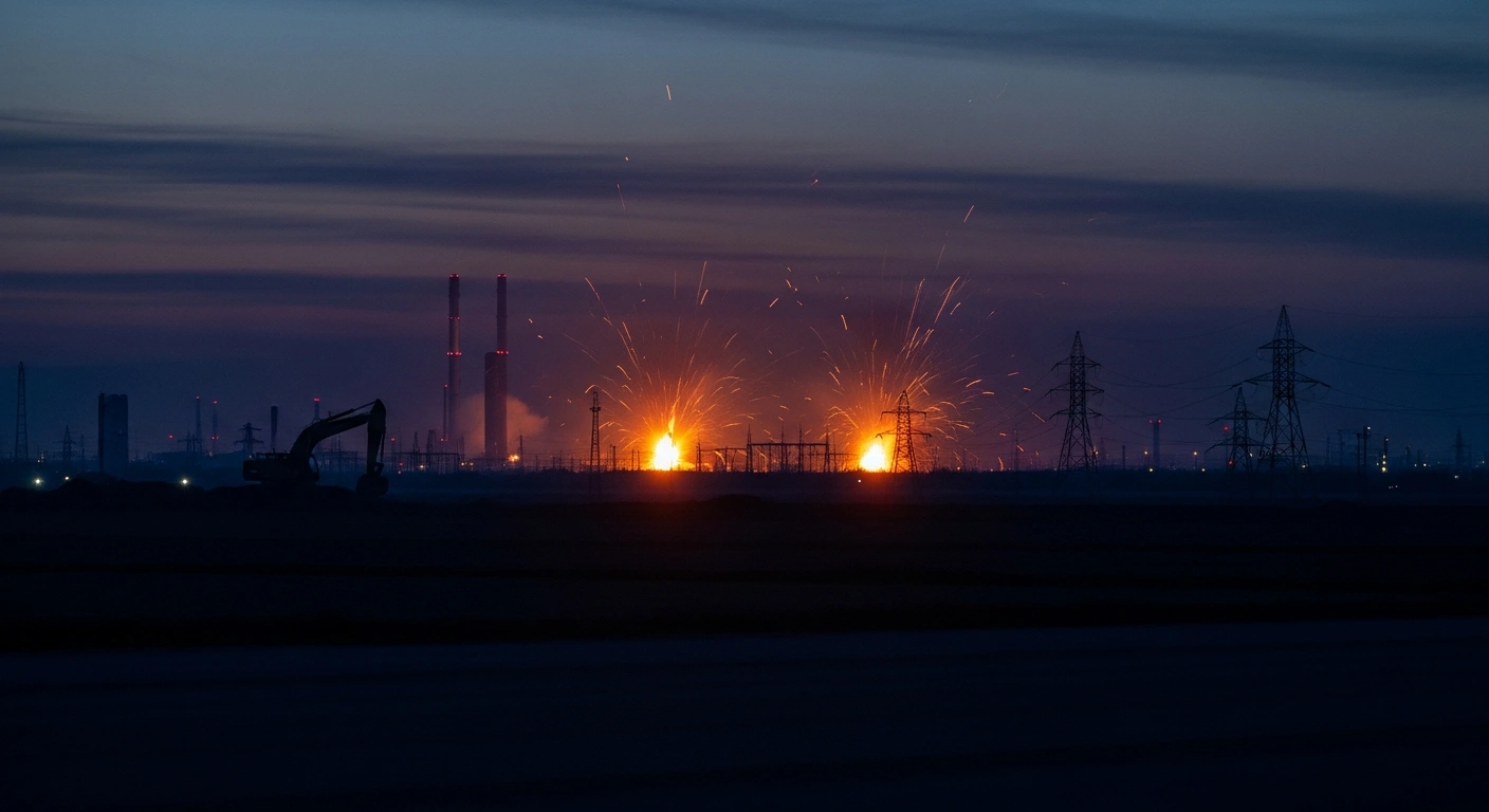 A distant view of industrial infrastructure and airfields under attack by long-range precision weapons, showing plumes of smoke and fire against a twilight sky.