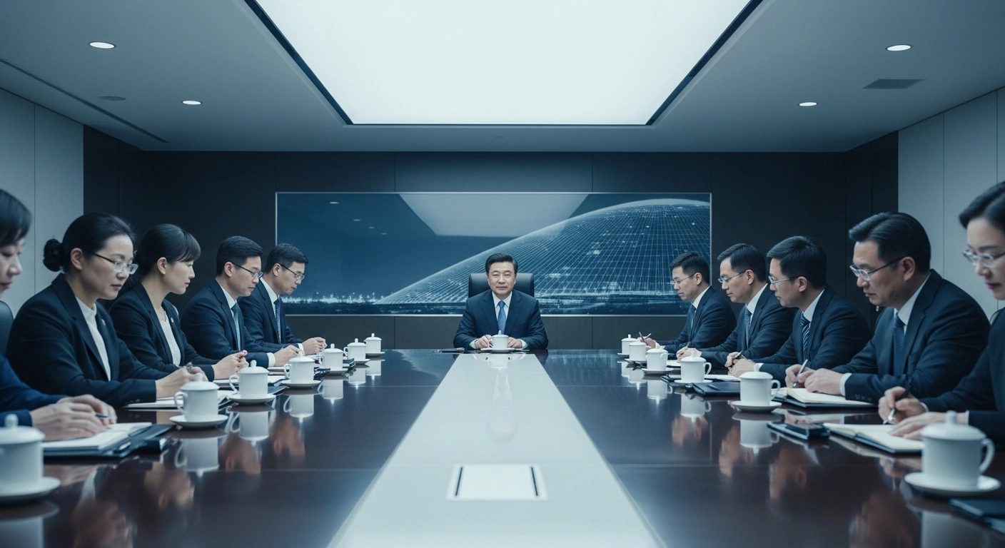A distinguished figure, representing Chinese Premier Li Qiang, chairs a symposium in a modern conference room, surrounded by diverse experts engaged in discussions about the draft government work report and the 15th Five-Year Plan for Economic and Social Development, emphasizing high-quality development, economic stability, and new growth drivers.