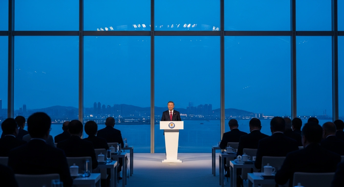 Chinese Premier Li Qiang stands at a podium to deliver a keynote address during the Summer Davos meeting in Dalian, China.