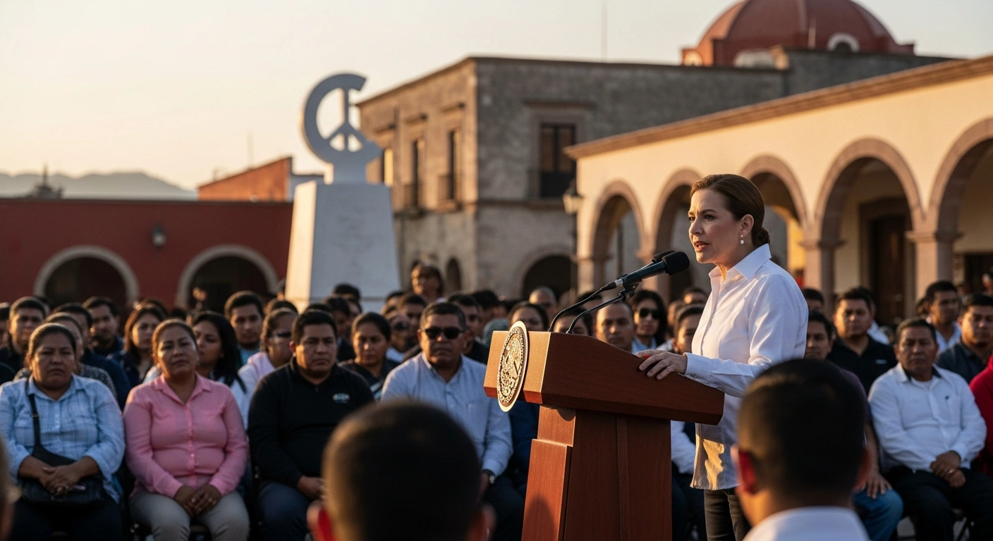 President Claudia Sheinbaum, standing at a weathered wooden podium in a sun-drenched Michoacán town square, addresses a diverse crowd, symbolizing the announcement of the 'Plan Michoacán for Peace and Justice' in response to escalating violence and the assassination of Uruapan Mayor Carlos Manzo, focusing on security, economic development, and education to build peace through justice and community involvement.