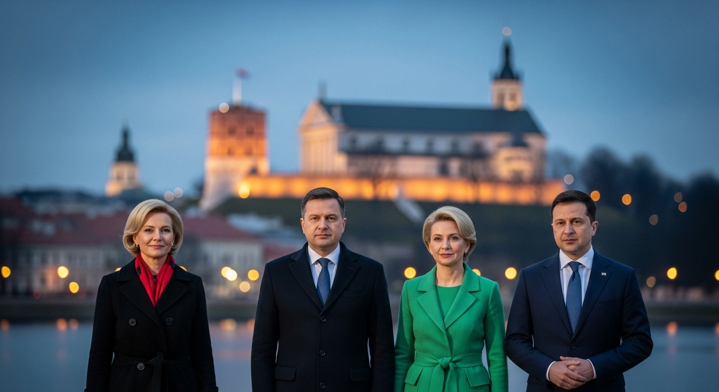 Presidents Karol Nawrocki of Poland, Gitanas Nausėda of Lithuania, and Volodymyr Zelenskyy of Ukraine, accompanied by their First Ladies, stand together in Vilnius, commemorating the 163rd anniversary of the January Uprising, symbolizing their shared history of resistance against Russian oppression and contemporary concerns regarding Russia's threat to European security.